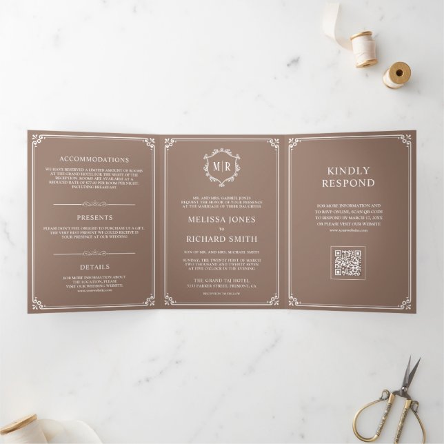Mocha Brown and White Monogram QR Code Wedding Tri-Fold Invitation (Inside)