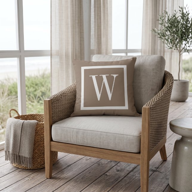 Mocha Brown and White Preppy Square Monogram Cushion (Creator Uploaded)