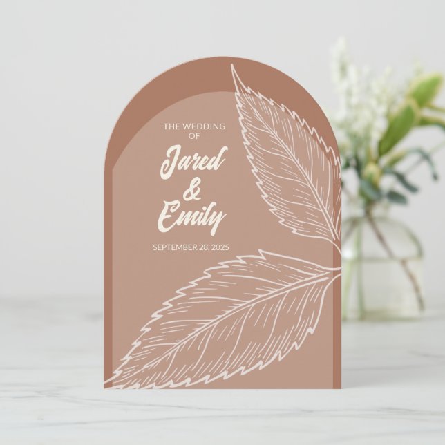 Mocha Brown Arch Style Leaves Wedding Invitation (Standing Front)