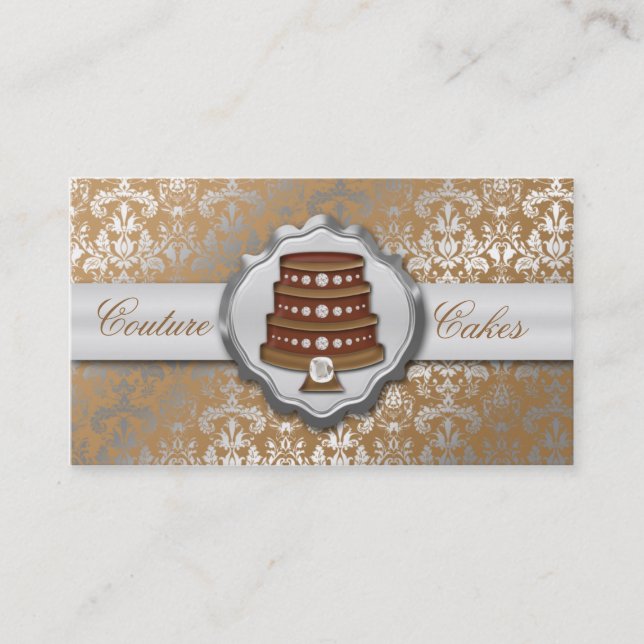 Mocha Brown Cake Couture Glitzy Damask Cake Bakery Business Card (Front)