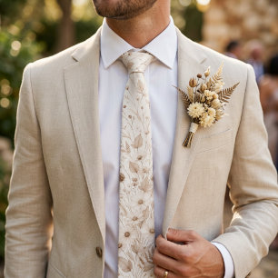 Mocha Brown Cream Botanical Neutral Wedding Tie