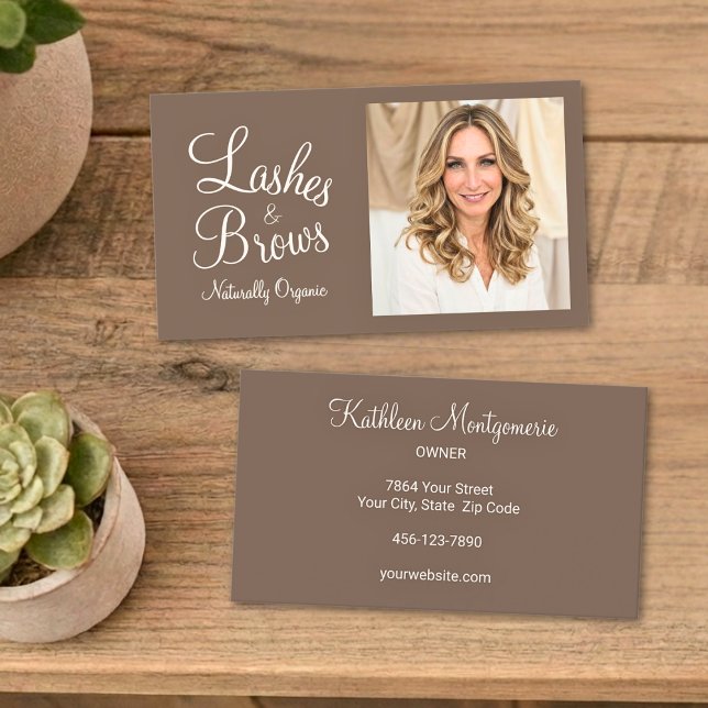 Mocha Brown Cream Script Photo Lashes and Brows Business Card (Creator Uploaded)