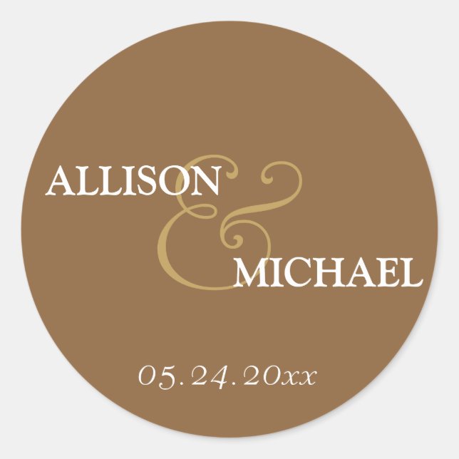 Mocha brown custom ampersand wedding favour label (Front)