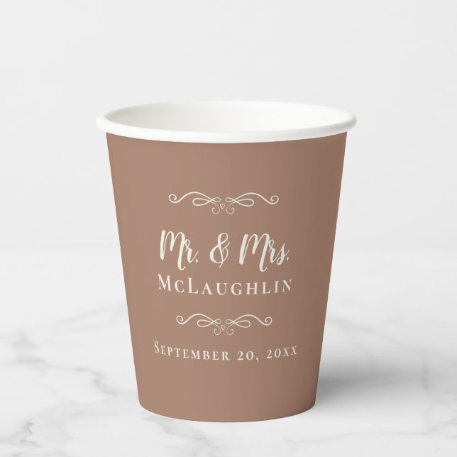 Mocha Brown Elegant Wedding Mr & Mrs Romantic Paper Cups (Front)