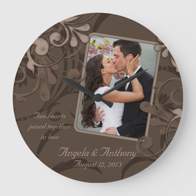 Mocha Brown Floral Personalised Photo Template Large Clock (Front)