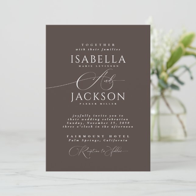 Mocha Brown Formal Calligraphy Minimal Wedding  Invitation (Standing Front)