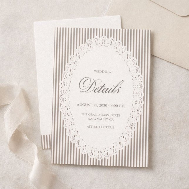 Mocha Brown French Stripe Lace Wedding Details Enclosure Card (Creator Uploaded)