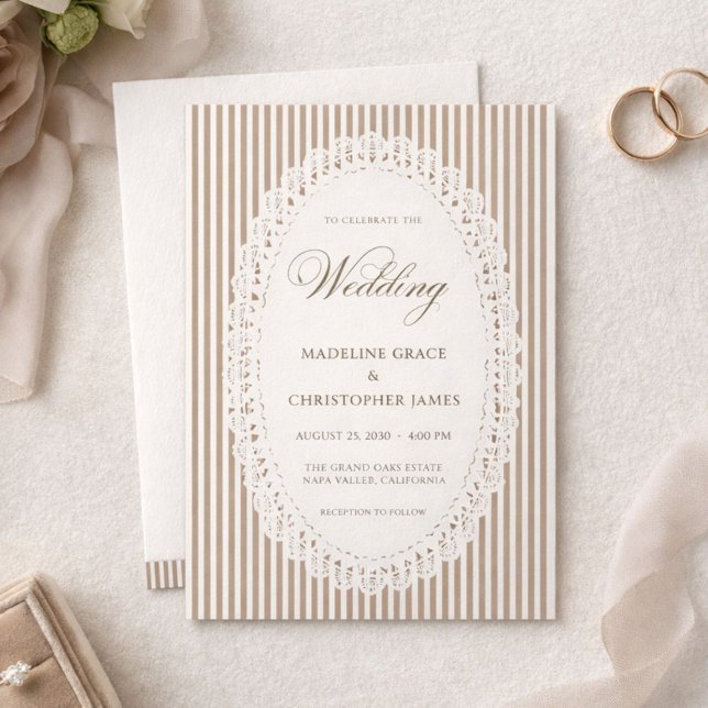 Mocha Brown French Stripe Lace Wedding Invitation (Creator Uploaded)