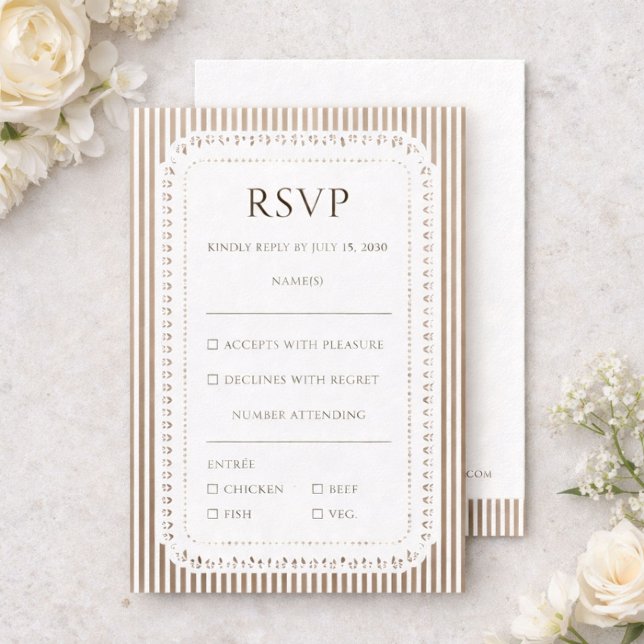 Mocha Brown French Stripe Lace Wedding RSVP Enclosure Card (Creator Uploaded)