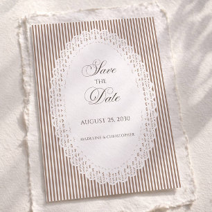 Mocha Brown French Stripe Lace Wedding Save The Date