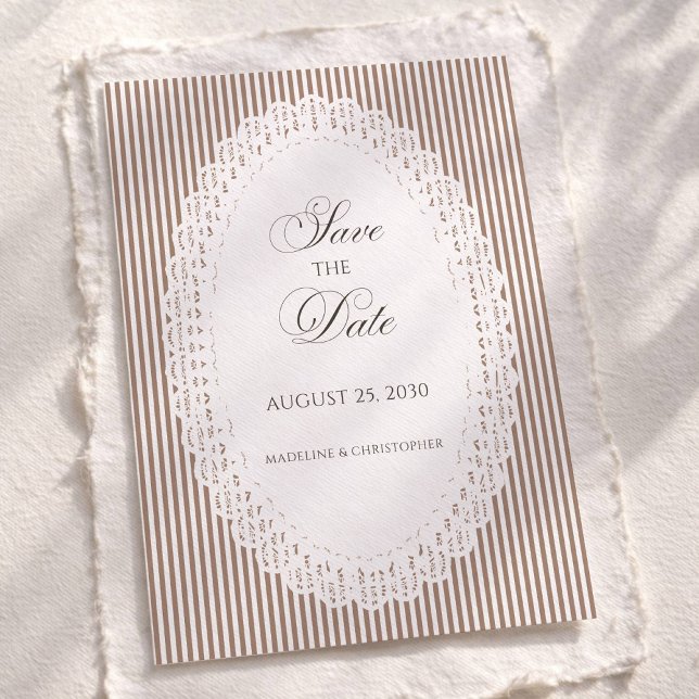 Mocha Brown French Stripe Lace Wedding Save The Date (Creator Uploaded)