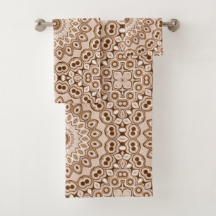 Mocha Brown Geometric Mandala Pattern Bath Towel Set