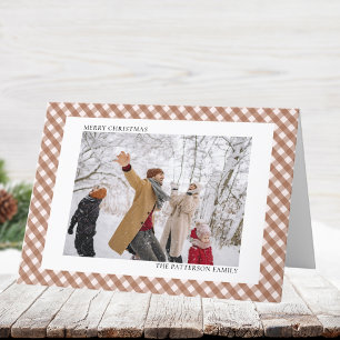 Mocha Brown Gingham Horizontal 2 Photo Christmas Holiday Card