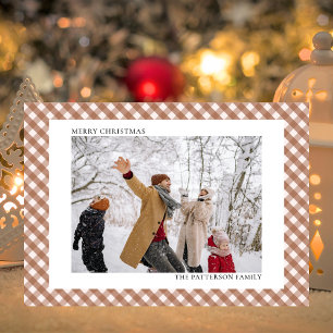 Mocha Brown Gingham Horizontal Photo Christmas Holiday Card