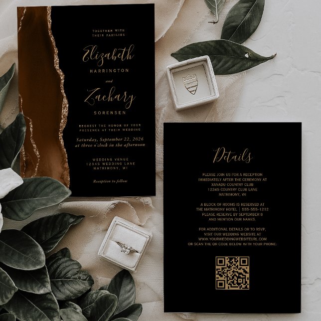 Mocha Brown Gold Agate Black QR Code Wedding Invitation (Creator Uploaded)