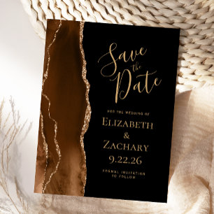 Mocha Brown Gold Agate Black Save the Date Announcement Postcard