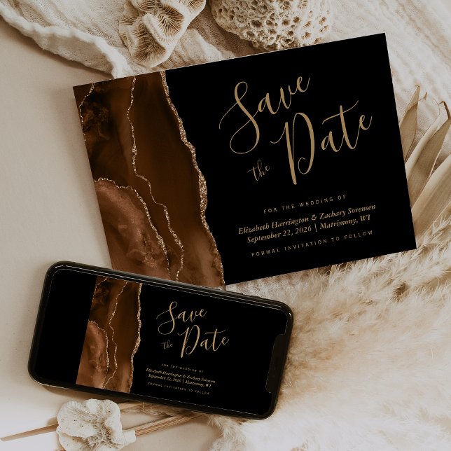 Mocha Brown Gold Agate Black Save the Date Card (Creator Uploaded)
