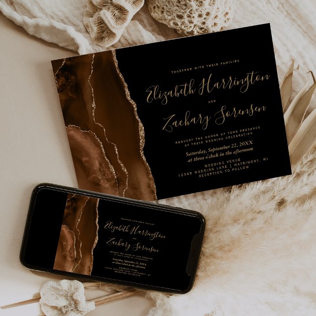 Mocha Brown Gold Agate Dark Wedding Invitation (Creator Uploaded)