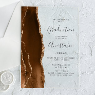 Mocha Brown Gold Agate Grey Text Graduation Acrylic Invitations