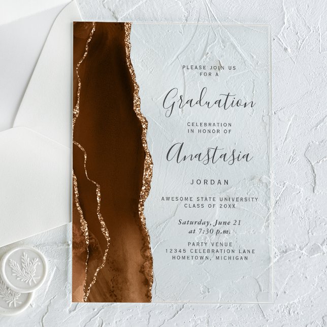 Mocha Brown Gold Agate Grey Text Graduation Acrylic Invitations (Creator Uploaded)