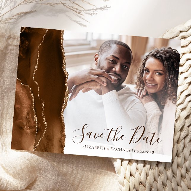 Mocha Brown Gold Agate Photo Save the Date Postcard (Creator Uploaded)