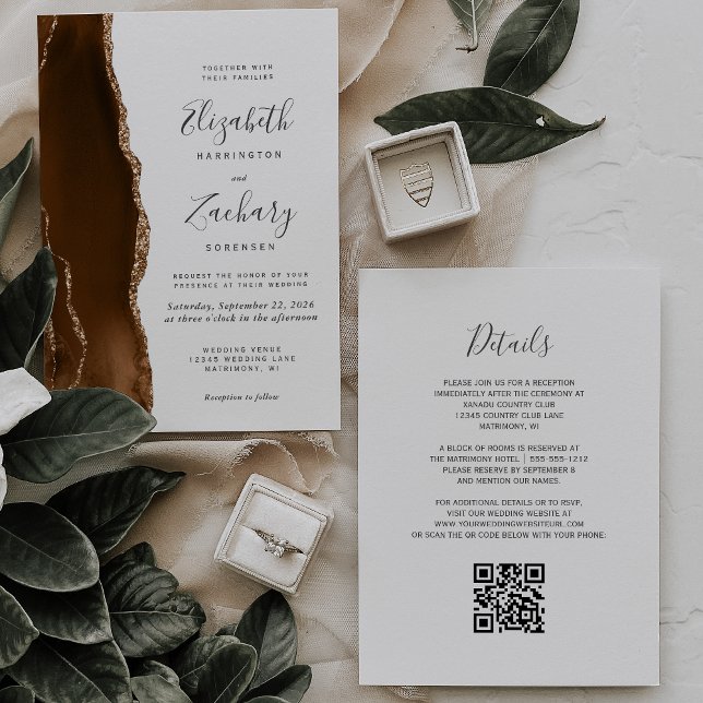 Mocha Brown Gold Agate QR Code Wedding Invitation (Creator Uploaded)