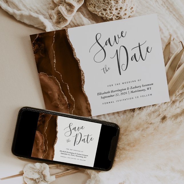 Mocha Brown Gold Agate Save the Date Card (Creator Uploaded)
