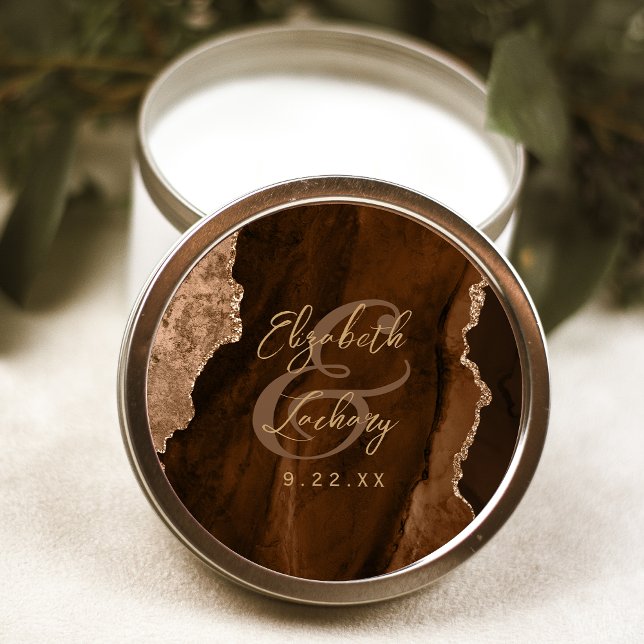 Mocha Brown Gold Agate Script Wedding Classic Round Sticker (Creator Uploaded)
