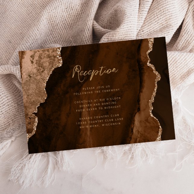 Mocha Brown Gold Agate Script Wedding Reception Enclosure Card (Creator Uploaded)