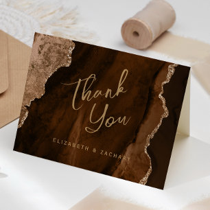 Mocha Brown Gold Agate Script Wedding Thank You Card