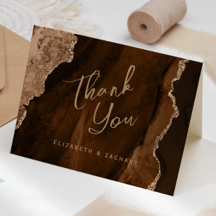 Mocha Brown Gold Agate Script Wedding Thank You Card