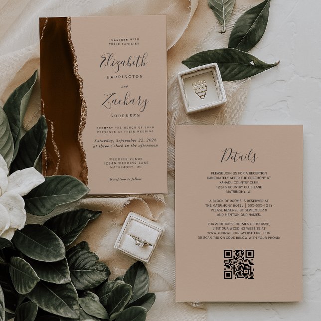 Mocha Brown Gold Agate Tan QR Code Wedding Invitation (Creator Uploaded)