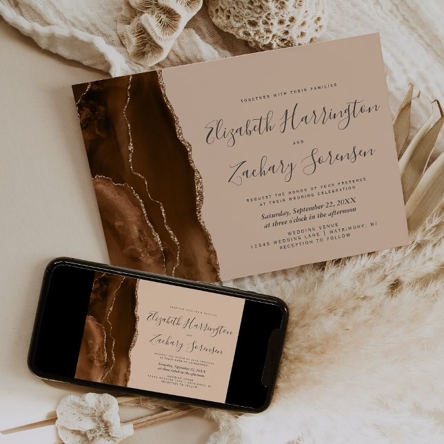Mocha Brown Gold Agate Tan Wedding Invitation (Creator Uploaded)