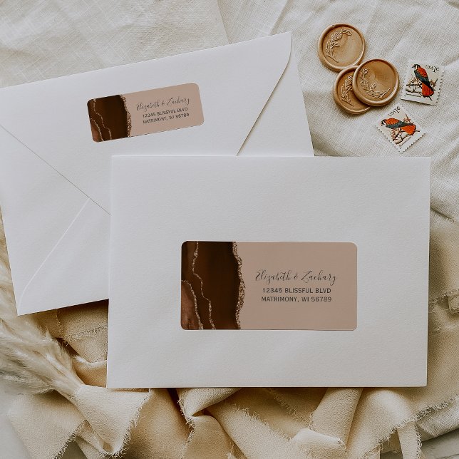 Mocha Brown Gold Agate Tan Wedding Return Address Label (Creator Uploaded)