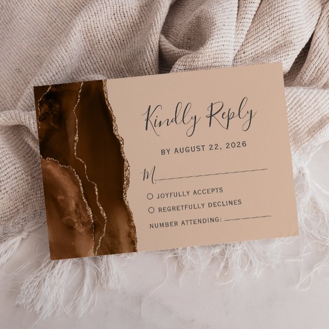 Mocha Brown Gold Agate Tan Wedding RSVP Card (Creator Uploaded)