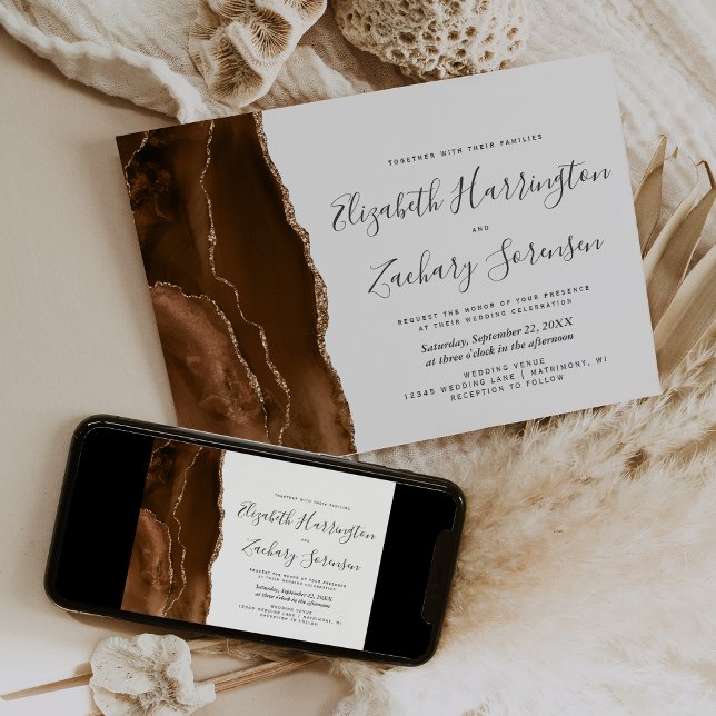 Mocha Brown Gold Agate Wedding Invitation (Creator Uploaded)
