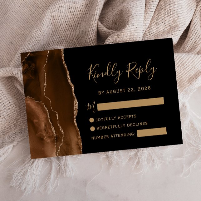 Mocha Brown Gold Black Agate Wedding RSVP Card (Creator Uploaded)