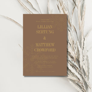 Mocha Brown Gold Clean Snowflake Winter Wedding Invitation