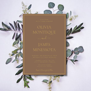 Mocha Brown Gold Frame Luxury Formal Wedding Invitation