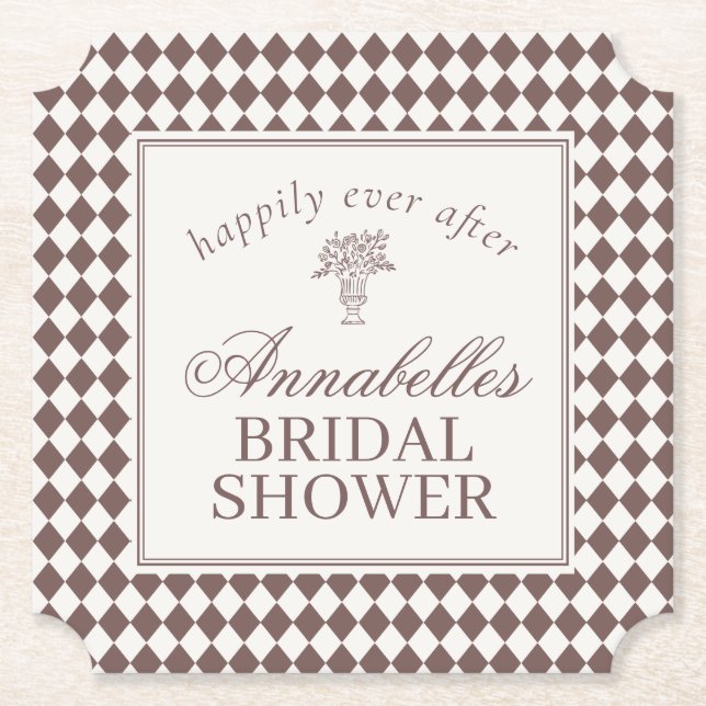 Mocha Brown Harlequin Checkered Bridal Shower Paper Coaster (Front)