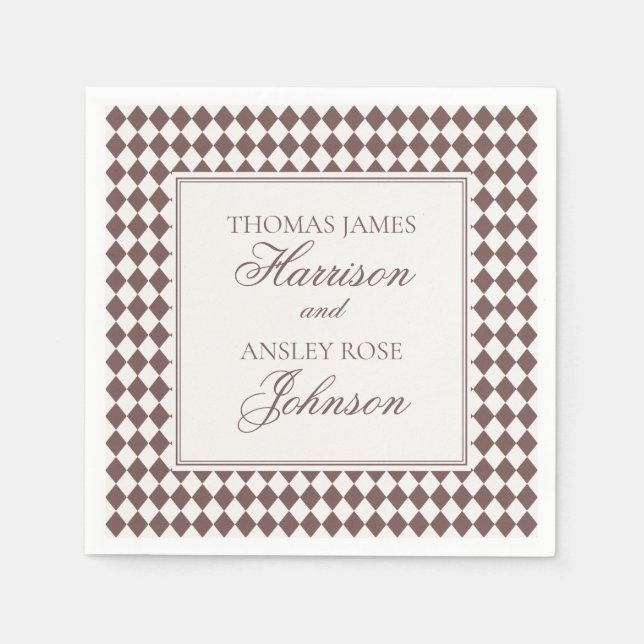 Mocha Brown Harlequin Chequered Wedding Napkin (Front)