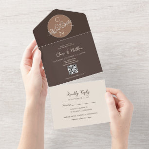 Mocha Brown Lovebirds Photo QR Wedding All In One Invitation
