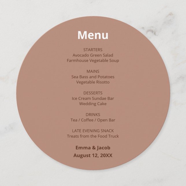 Mocha Brown Modern Wedding Round Menu (Front)