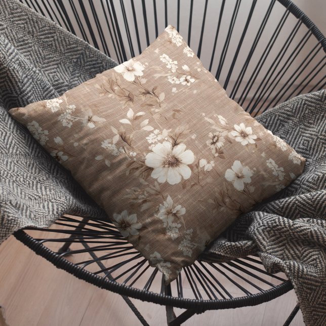 Mocha Brown Mousse White Floral Linen Look Cushion (Creator Uploaded)