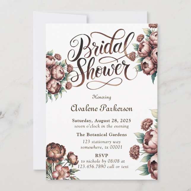 Mocha Brown Painted Peony Bridal Shower Invitation (Front)