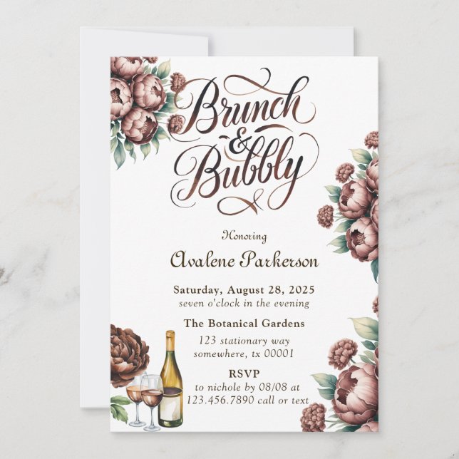 Mocha Brown Painted Peony Brunch and Bubbly Invitation (Front)