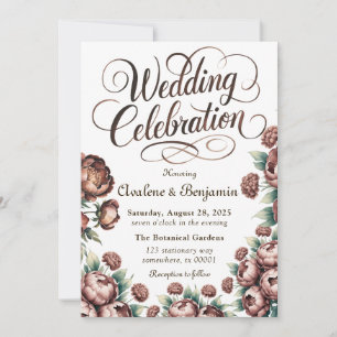 Mocha Brown Painted Peony Wedding Celebration  Invitation