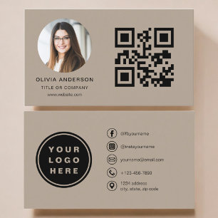 Mocha Brown Photo with QR Code Social Media Business Card