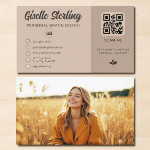 Mocha Brown QR Code Photo Monogram Social Media  Business Card