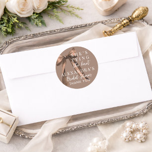 Mocha Brown She's Tying The Knot Bow Bridal Shower Classic Round Sticker